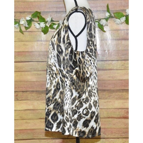Chico's Ladies XL 16 Brown Mixed Animal Print Sleeveless Blouse Pleated Collar - Picture 5 of 10